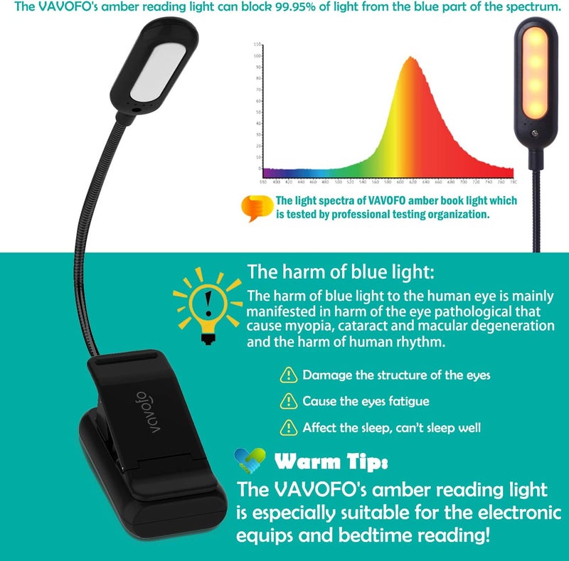 vavofo Amber Rechargeable Reading Light, Blue Light Blocking Book Light, 7 LEDs Eye Care 9 Colors 9 Brightness Clip On for Kids Bookworms Reading in Bed with Power Indicator Lasting 70h (Black) - Image 3